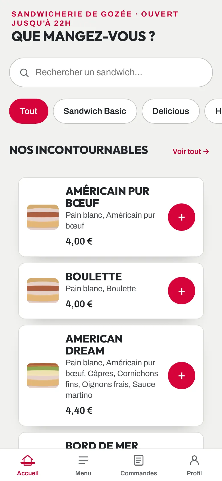 L'app client d'une sandwicherie : la carte, les rubriques et les sandwichs les plus demandés, avec leur prix.
