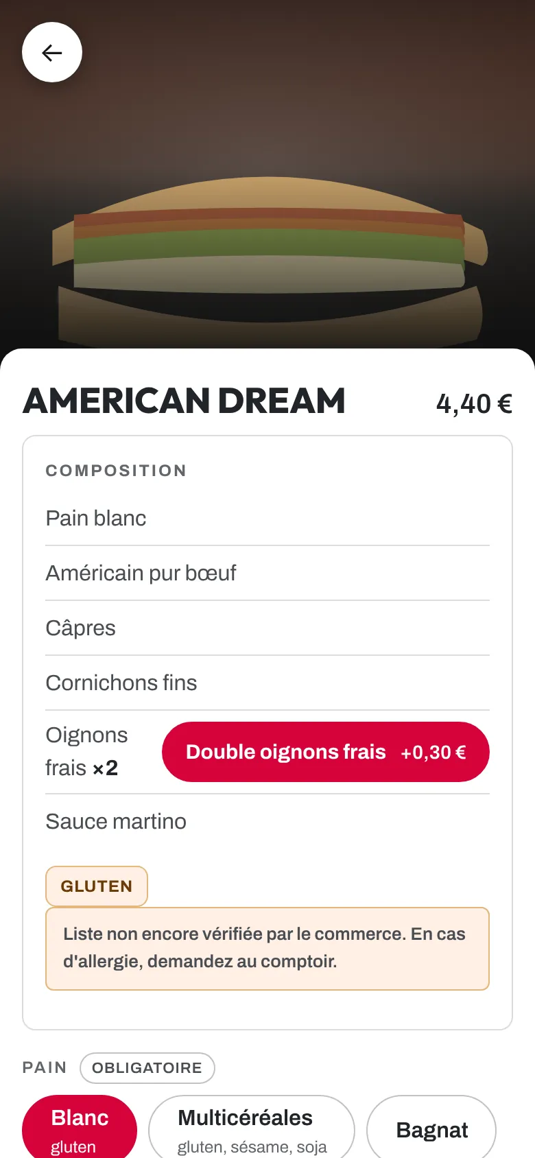 La fiche d'un sandwich : sa composition, un supplément proposé à côté d'un ingrédient, les allergènes et le choix du pain.
